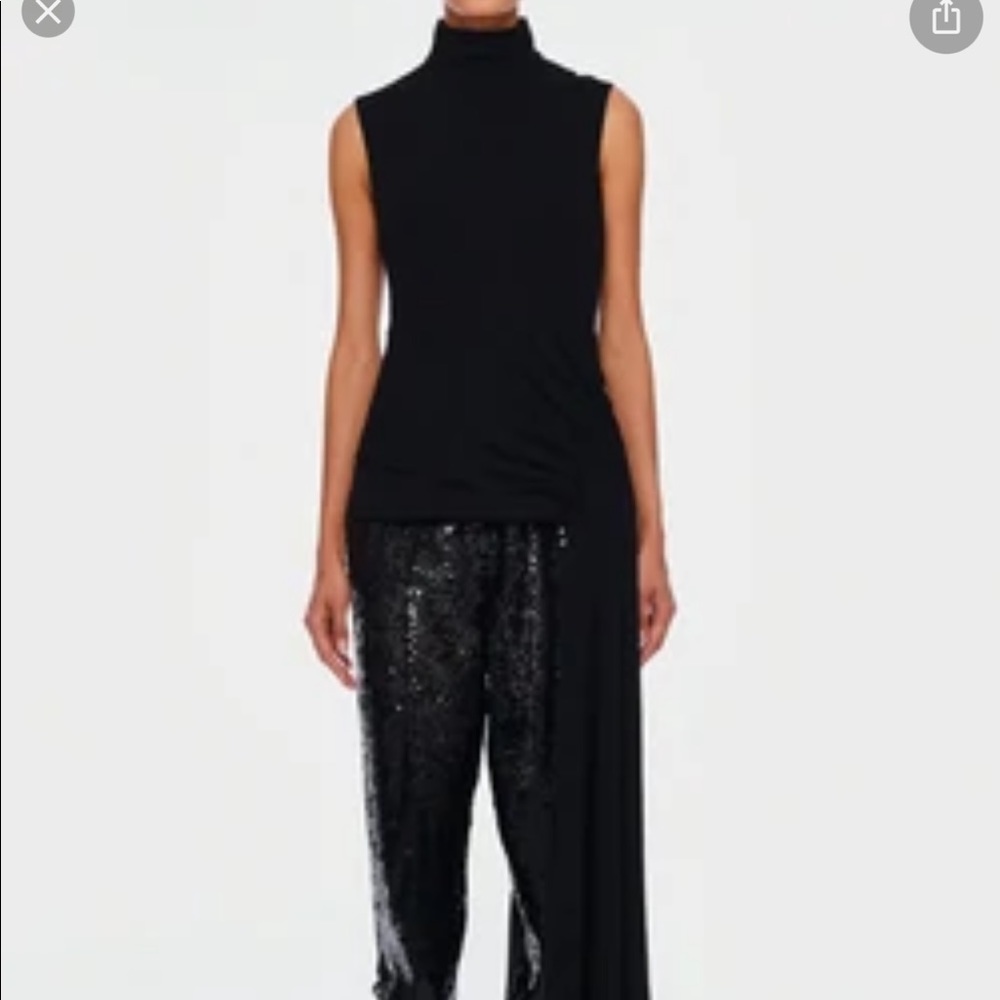 Tibi high neck sleeveless black blouse with long one sided train, size 8